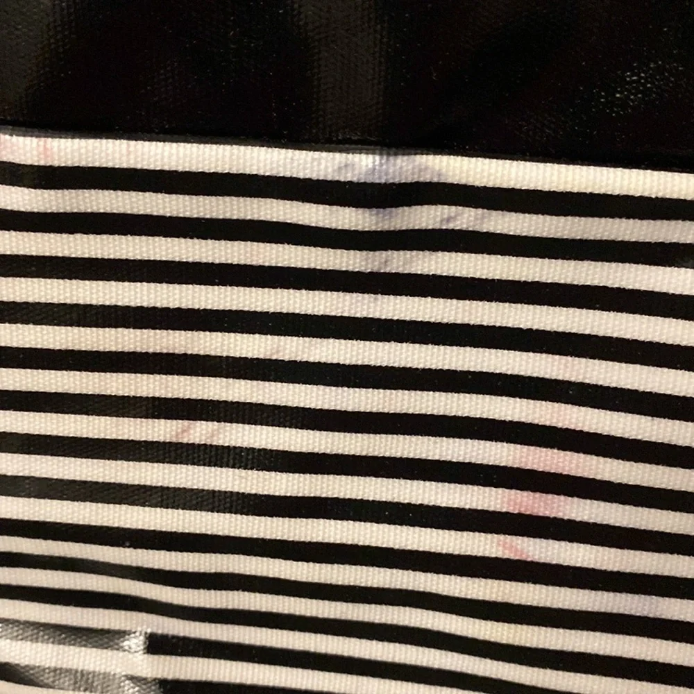 Victoria’s Secret plastic tote bag. Black and white stripe. Canvas pink handles